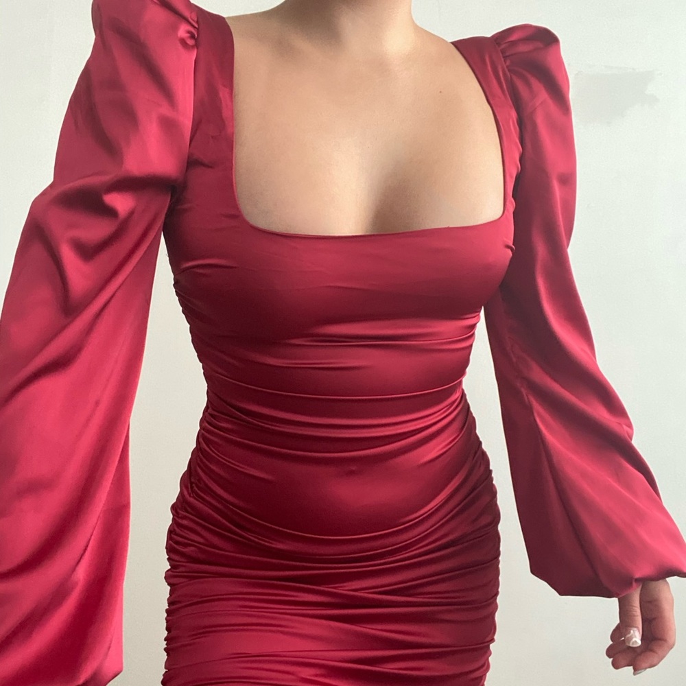 Oh Polly Red Puffy Sleeve Satin Dress